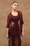 Eeda_Brown Silk Organza, Shantoon Embroidery, Zardozi Jacket, Bustier And Skirt _Online_at_Aza_Fashions