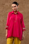 Buy_Eeda_Pink Silk Embroidery, Sequins Collared Bird Motif Kurta And Pant Set _Online_at_Aza_Fashions