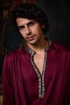 Shop_Histori_Burgundy Satin Beads, Crystals, Embroidery Draped Kurta And Cowled Salwar Set _Online_at_Aza_Fashions