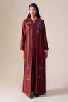Buy_Ampm_Red Chanderi Embroidery Round Neck Maliah Abaya Kaftan _at_Aza_Fashions