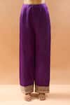 Shop_Gopi Vaid_Purple Tussar, Satin, Organza Embroidery, Zari Split V-neck Kurta Palazzo Set _Online_at_Aza_Fashions