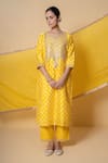 Kameez_Yellow Chanderi Gota Patti, Embroidery, Sequins Round Sunlit Glow Kurta Set _Online