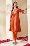 Buy_Mushio_Orange Chanderi, Cotton, Silk Embroidery Keyhole Neck Svara Kurta And Pant Set _at_Aza_Fashions