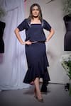 Buy_Echke_Navy Viscose, Rayon Stones Square Neck Ecru Linen Top With Ruffle Skirt _at_Aza_Fashions
