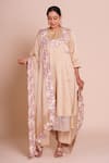Buy_Brij_Beige Linen, Satin, Silk Embroidery, Fabric Flowers Round Neck Meher Kurta Set _at_Aza_Fashions