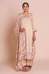 Brij_Beige Linen, Satin, Silk Embroidery, Fabric Flowers Round Neck Meher Kurta Set _Online_at_Aza_Fashions