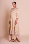 Buy_Brij_Beige Linen, Satin, Silk Embroidery, Fabric Flowers Round Neck Meher Kurta Set _Online_at_Aza_Fashions