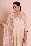 Shop_Brij_Beige Linen, Satin, Silk Embroidery, Fabric Flowers Round Neck Meher Kurta Set _Online_at_Aza_Fashions