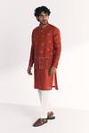 Buy_Studio Bagechaa_Orange Linen, Satin, Chanderi Embroidery, Sequins Shamsi Rust Nehru Jacket Set _at_Aza_Fashions