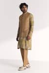 Buy_Studio Bagechaa_Brown Linen, Satin, Tissue, Organza, Chanderi Dilawar Green Nehru Jacket Set _at_Aza_Fashions