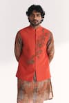 Buy_Studio Bagechaa_Orange Linen, Satin, Tissue, Organza, Chandan Tangerine Nehru Jacket Set _Online_at_Aza_Fashions
