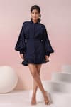 Buy_Samyukta Singhania_Navy Georgette Ruffles Collared Balloon Sleeve Shirt With Skirt _at_Aza_Fashions