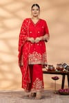 Buy_Mamicha_Red Chiffon Embroidery, Zari V-neck Kurta And Pant Set _at_Aza_Fashions