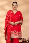 Mamicha_Red Chiffon Embroidery, Zari V-neck Kurta And Pant Set _Online_at_Aza_Fashions