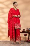 Buy_Mamicha_Red Chiffon Embroidery, Zari V-neck Kurta And Pant Set _Online_at_Aza_Fashions