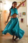 Shop_Love The World Today_Teal Cotton Satin Embroidery Nilima Choli And High-low Lehenga Set _Online_at_Aza_Fashions