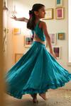Shop_Love The World Today_Teal Cotton Satin Embroidery Nilima Choli And High-low Lehenga Set _at_Aza_Fashions