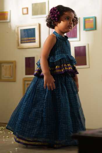 Buy_Love The World Today_Teal Cotton, Silk Zari, Aparajita Checks Tiered Halter Neck Top And Lehenga Set _Online_at_Aza_Fashions