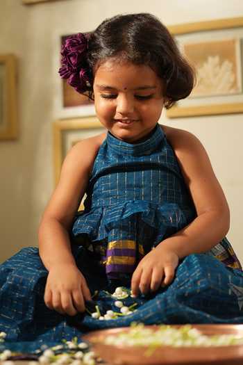 Love The World Today_Teal Cotton, Silk Zari, Aparajita Checks Tiered Halter Neck Top And Lehenga Set _at_Aza_Fashions
