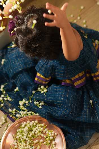 Buy_Love The World Today_Teal Cotton, Silk Zari, Aparajita Checks Tiered Halter Neck Top And Lehenga Set 