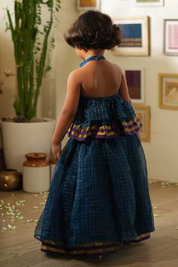 Shop_Love The World Today_Teal Cotton, Silk Zari, Aparajita Checks Tiered Halter Neck Top And Lehenga Set _at_Aza_Fashions