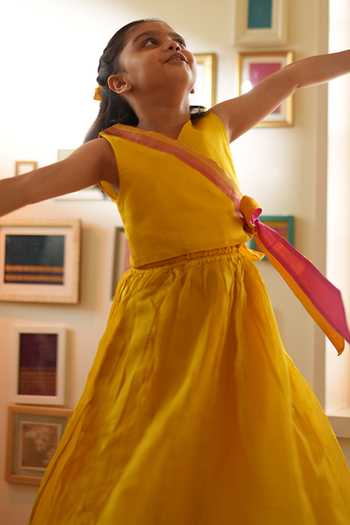 Love The World Today_Yellow Cotton, Silk Basant Wrap Top And Pleated Lehenga Set For Girls _Online_at_Aza_Fashions