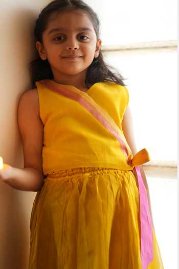 Buy_Love The World Today_Yellow Cotton, Silk Basant Wrap Top And Pleated Lehenga Set For Girls _Online_at_Aza_Fashions