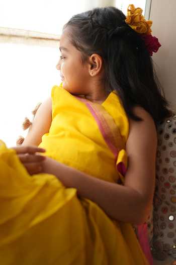 Shop_Love The World Today_Yellow Cotton, Silk Basant Wrap Top And Pleated Lehenga Set For Girls _Online_at_Aza_Fashions