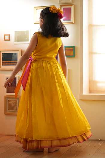 Shop_Love The World Today_Yellow Cotton, Silk Basant Wrap Top And Pleated Lehenga Set For Girls _at_Aza_Fashions