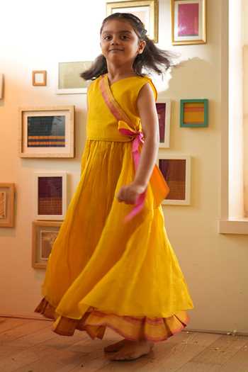 Love The World Today_Yellow Cotton, Silk Basant Wrap Top And Pleated Lehenga Set For Girls _at_Aza_Fashions