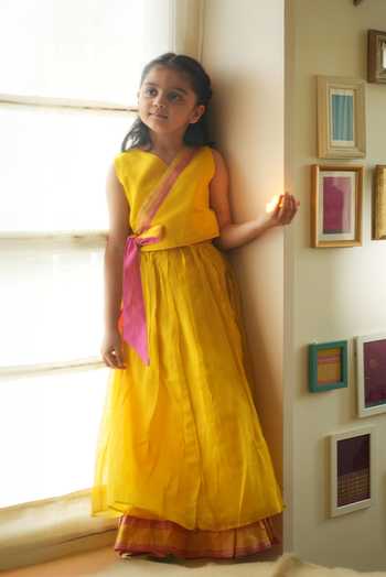 Buy_Love The World Today_Yellow Cotton, Silk Basant Wrap Top And Pleated Lehenga Set For Girls _at_Aza_Fashions