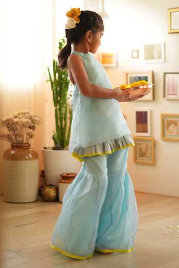 Shop_Love The World Today_Sky Blue Cotton, Silk Tassels Poppy Halter High-low Kurta And Flared Sharara Set _Online_at_Aza_Fashions