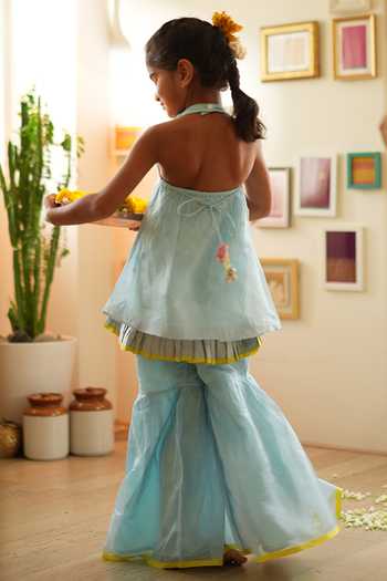 Shop_Love The World Today_Sky Blue Cotton, Silk Tassels Poppy Halter High-low Kurta And Flared Sharara Set _at_Aza_Fashions