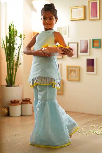 Love The World Today_Sky Blue Cotton, Silk Tassels Poppy Halter High-low Kurta And Flared Sharara Set _at_Aza_Fashions