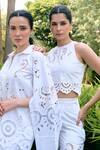 Kay Kay_White Cotton, Poplin, Denim Embroidery, Cut Work Veyra Top And Pant Co-ord Set _at_Aza_Fashions