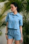 Shop_Kay Kay_Blue Denim Studs Collared Zaza Studded Shirt And Shorts Co-ord Set _Online_at_Aza_Fashions