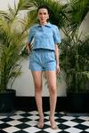Buy_Kay Kay_Blue Denim Studs Collared Zaza Studded Shirt And Shorts Co-ord Set _at_Aza_Fashions
