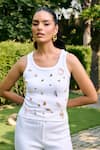 Shop_Kay Kay_White Beads, Stones, Applique Round Odessa Studded Tank Top And Pant Co-ord Set _Online_at_Aza_Fashions