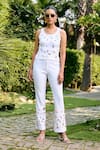 Buy_Kay Kay_White Beads, Stones, Applique Round Odessa Studded Tank Top And Pant Co-ord Set _at_Aza_Fashions