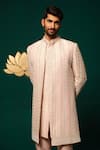 Niloufer By Aasif Ally_Pink Silk Sequins, Beads, Stones, Sequence And Moti Handwork Sherwani Set _at_Aza_Fashions