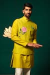 Niloufer By Aasif Ally_Yellow Silk Embroidery Hand-painted Floral Nehru Jacket Kurta Set _Online_at_Aza_Fashions