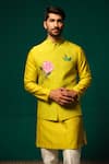 Buy_Niloufer By Aasif Ally_Yellow Silk Embroidery Hand-painted Floral Nehru Jacket Kurta Set _Online_at_Aza_Fashions