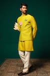 Shop_Niloufer By Aasif Ally_Yellow Silk Embroidery Hand-painted Floral Nehru Jacket Kurta Set _Online_at_Aza_Fashions
