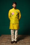 Buy_Niloufer By Aasif Ally_Yellow Silk Embroidery Hand-painted Floral Nehru Jacket Kurta Set 