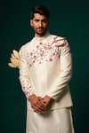 Niloufer By Aasif Ally_White Silk Embroidery Hand-painted Floral Nehru Jacket Kurta And Pant _Online_at_Aza_Fashions