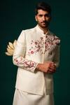 Buy_Niloufer By Aasif Ally_White Silk Embroidery Hand-painted Floral Nehru Jacket Kurta And Pant _Online_at_Aza_Fashions