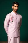 Shop_Niloufer By Aasif Ally_Purple Silk Embroidery, Stones Hand-painted Floral Nehru Jacket Kurta Set _Online_at_Aza_Fashions