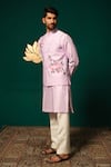 Niloufer By Aasif Ally_Purple Silk Embroidery, Stones Hand-painted Floral Nehru Jacket Kurta Set _at_Aza_Fashions