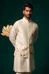 Buy_Niloufer By Aasif Ally_White Silk Embroidery, Stones Hand-painted Floral Nehru Jacket Kurta Set _Online_at_Aza_Fashions