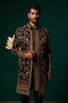Niloufer By Aasif Ally_Black Silk Embroidery, Zari Zardozi Handwork Sherwani Kurta And Pant Set _at_Aza_Fashions
